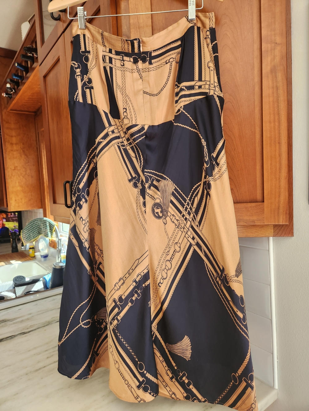 Ann Taylor Beige and Navy Chain-Print Midi Skirt.